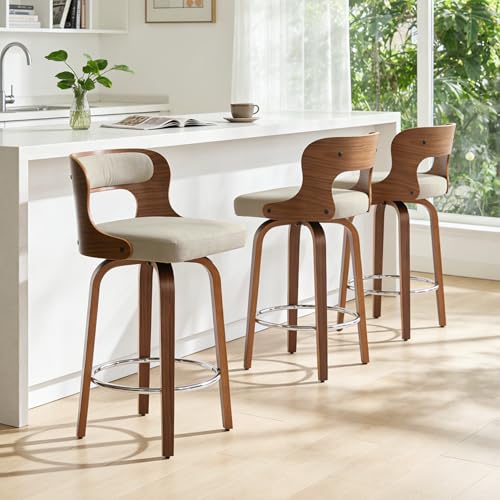 Image of Swivel Bar Stools Set of 2, 26 inch Counter Height Bar Stools, Mid-Century Modern Linen Fabric Modern Island Chairs with Back and Footrest, for Kitchen, Bar, Restaurant, Cafe, Camel