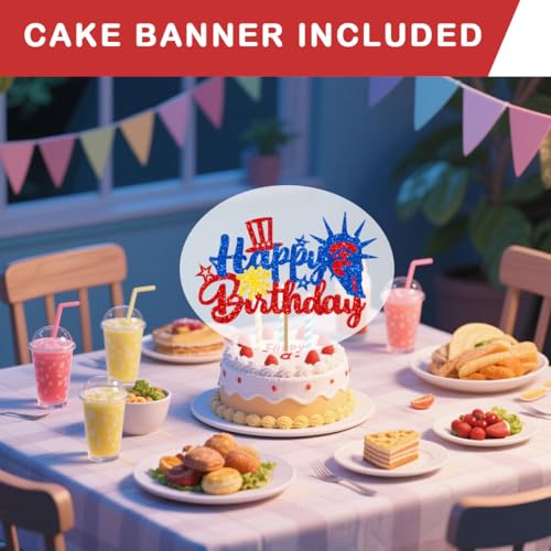 Image of 4th of July Happy Birthday Banner, Patriotic Birthday Party Decorations Pre-Assembly NO DIY Cake Banner Decorations Red Blue White Glitter Paper Letter Star Triangle Flag Garland