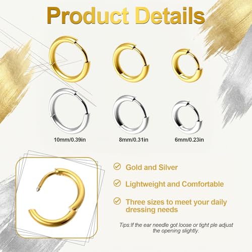 Nogeqi Lot de 6 paires de petites boucles d'oreilles créoles dorées et argentées en acier inoxydable - Petites piercings pour oreille, hélix, daith, cartilage, nez, lèvres, boucles d'oreilles Huggie – vue 4