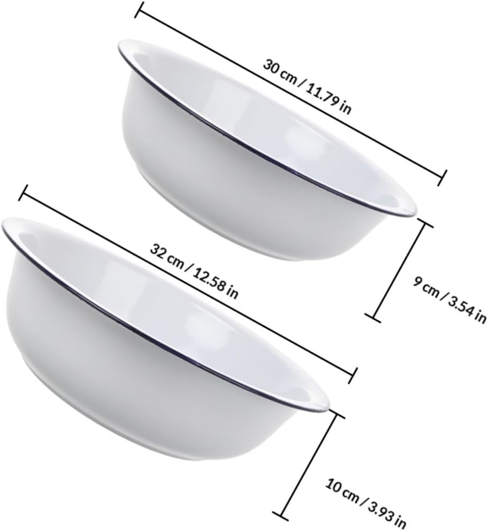 Toyvian 2pcs Enamel Mixing Bowls Set White Enamelware Food Mixing Bowls 30cm 32cm Retro Vintage Soup Basins for Kitchen Baking and Salad Serving