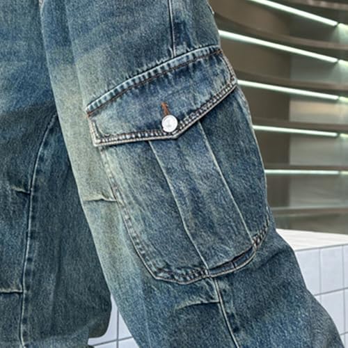 Boys Cargo Jeans Pants Teens Streetwear Elastic High Waist Loose Fit Baggy Wide Leg Denim Pants3