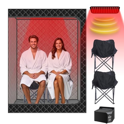 Image of Smartmak 2 Person Portable Sauna Box with Infrared 660nm Red Light Therapy Lamp for Home Relaxation, Large Full Body Sauna Tent, 1500W High Power Hot Air Saunas Spa Pod, 2 Folding Chairs