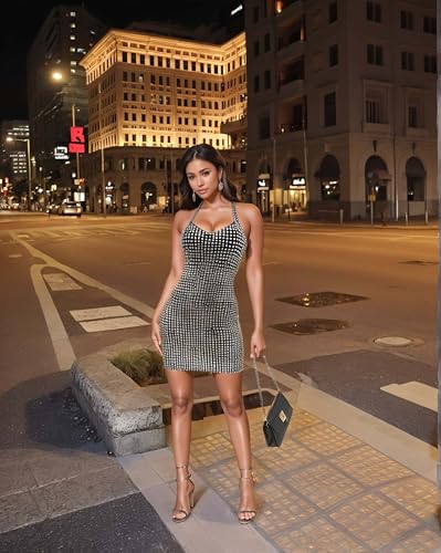 Image of Figdaw Women Sparkle Rhinestone Halter Bodycon Mini Dress