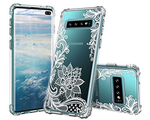 Lontect for Galaxy S10 Plus Case Slim Bumper Cushion Clear Soft Flexible TPU Frame + Hard PC Back Transparent Scratch Resistant Cover Case for Samsung Galaxy S10 Plus, White Lace Flower