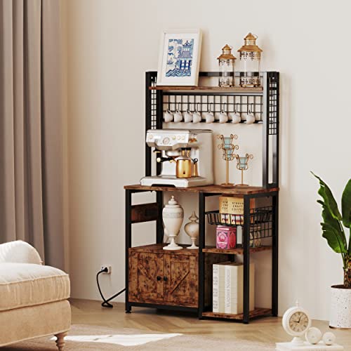 Ironck Bakers Rack With Power Outlets, 15.7" D X 35.4" W Large Microwave Stand With Drawer And 12 Hooks, Adjustable Metal Grid, Industrial Kitchen Shelf With Cabinet For Kitchen, Vintage Brown #TOP7