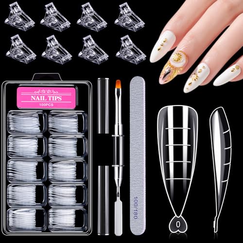 MELLIEX 100 Piezas Kit de Moldes Uñas Acrilicas, Formas con Cepillo, Lima y 10 Piezas Clips para Extensión DIY Arte
