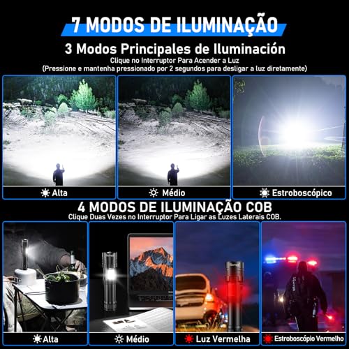 Lanterna Led Recarregável 10000 Lúmen, Lanterna Tatica Militar Há 7 Modos, XHP90.2 Chip, lanternas P