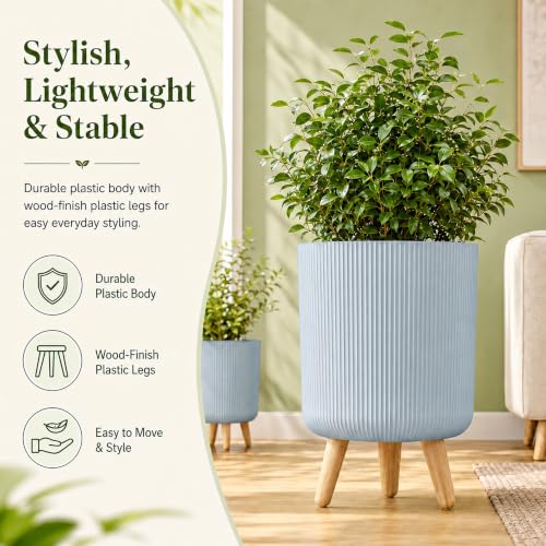 Image of Eightiz Store Modern Dusty Blue Flower Pot with Plastic Legs | Indoor Outdoor Planter for Home Garden Balcony Decor Ribbed Design Sturdy Plastic Mid-Century Style (Dusty Blue, Pack of 2)