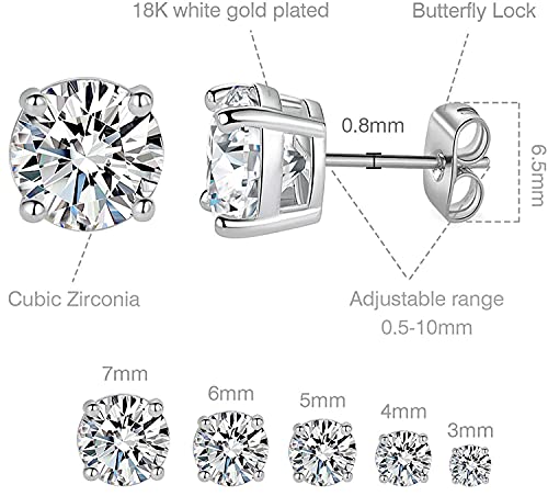 18K Gold Plated 4 Prong Graduated Round Clear Cubic Zirconia Stud Earring Set For Women (5 Pairs) (A-White Gold Plated) #TOP1