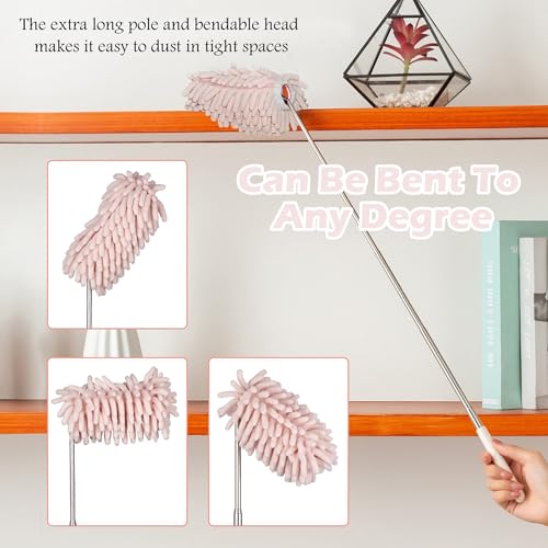 Image of Pink Retractable Microfiber Duster for Cleaning Extendable Feather Duster Household Cleaning Tool for Cleaning Car, Office, Window, Furniture