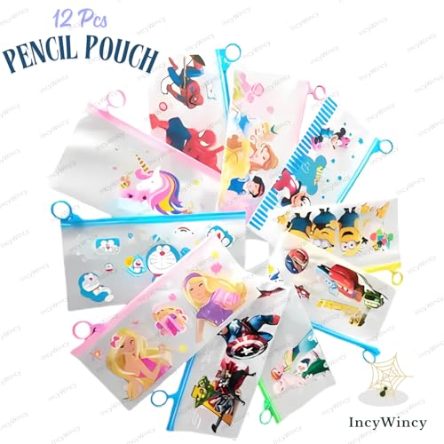 Image of Cartoon Pencil Pouch for Kids (Pack of 12) - Translucent Zipper Stationery Case 24cm X 11.5cm, Waterproof PVC Bag - Birthday Return Gift for Boys and Girls (Assorted)