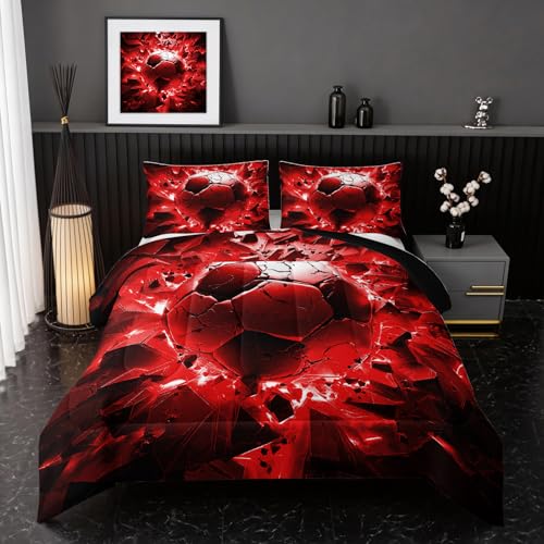 Image of Nttopship Soccer Bedding Comforter Set King Size for Kids Teens and Adults, Red and Black Football Printed Bedding Sets 3 PCS,Ball Sports Themed Bedroom Decor with 1 Comforter and 2 Pillowcases