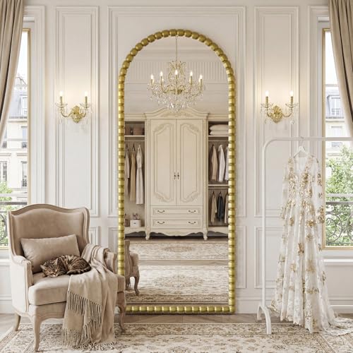 Image of Vintage Full Length Mirror with Stand, 71x28 Inch Arched Beaded Full Body Mirrors, Large Floor Mirror Standing Mirror Full Length Wall Mounted Decor for Bedroom Living Room Cloakroom, PU Frame, Gold