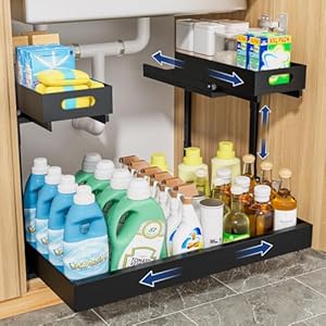Insputer Upgrade 2 Tier Under Sink Organizer with 3 Slide Rails, Under Cabinet Storage Expandable 15″-25″ W & Height Adjustable, Thickened Pull Out Shelf for Bathroom, Kitchen, Laundry, Pantry(Black)