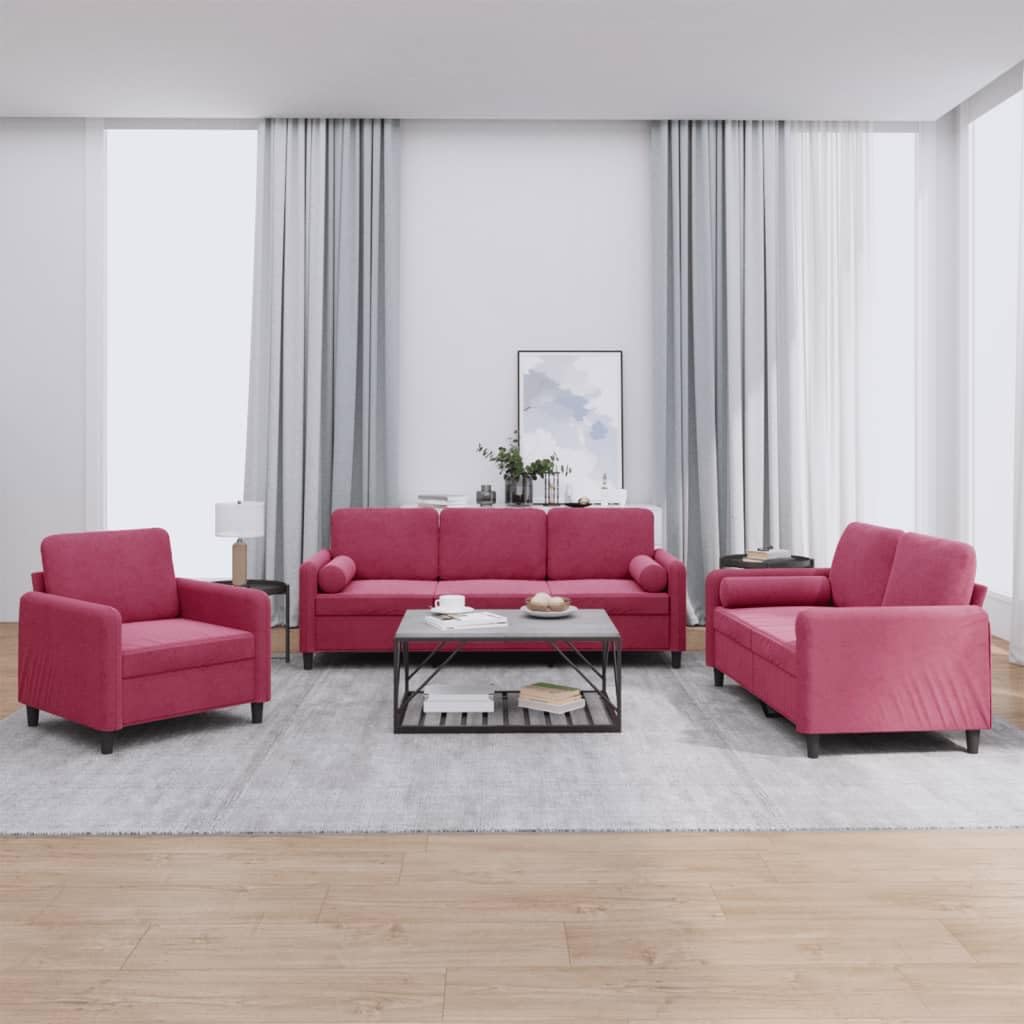 Juego de sofás de 3 piezas con cojines rojo vino de terciopelo – Componible moderno con 4 cojines de rodillo y 6 respaldos – Estructura robusta de madera contrachapada y metal para salón