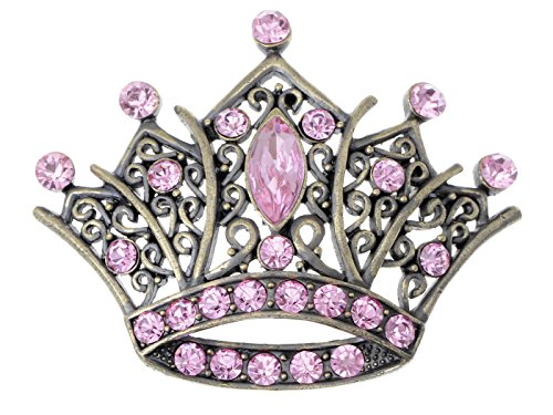 Image of Alilang Antique Brass Tone Shiny Pink Crystal Rhinestones Princess Queen Crown Brooch Pin