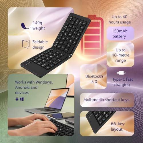 Image of Tobo MiniFold Foldable Bluetooth Keyboard, Ultra Portable 66-Key Wireless Keyboard, Bluetooth 5.0, Rechargeable Battery, Type-C Charging, 150mAh Battery, for Windows, Android,Laptops TD-B028B