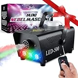Partyshop24 500W Mini Nebelmaschine - Tragbare Smoke Maschine mit bunten LED's & drahtloser Fernbedienung, Rauchmaschine für Hochzeiten, Halloween, Weihnachten, Geburtstage, Bühne, Silvester