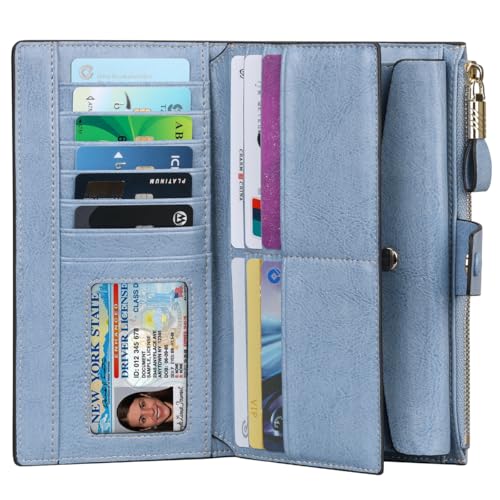 Image of Itslife Womens Wallet RFID Blocking Large Capacity Luxury Wax Genuine Leather Wallets Clutch Wallet Ladies Card holder,Denim Blue