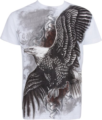 TG455T Flying Eagle Metallic Silver Embossed Short Sleeve Crew Neck Cotton Mens Fashion T-Shirt - White/X-Large