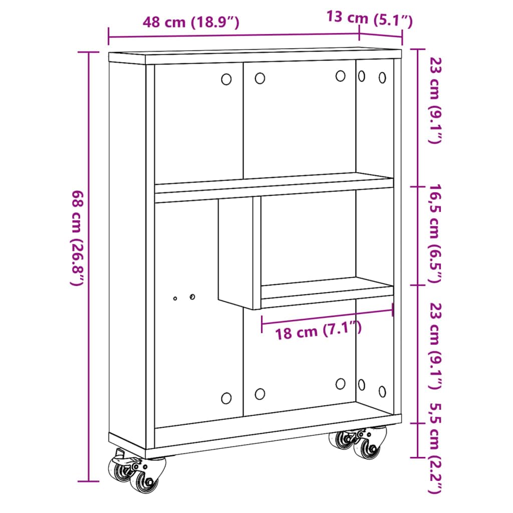 vidaXL Chariot de Rangement étroit Chêne Sonoma 48 x 13 x 68 cm Bois d'ingénierie