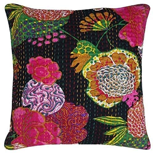 Image of Cotton Kantha Embroidery Cushion Cover (16x16-inches) (Set of 1, Black)