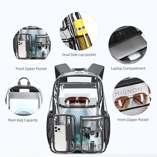 Image of Clear Backpack Heavy Duty For Stadiums Events,Dark Gray 16inch TPU BookBag | See Through Plastic Stitch Durable Design 6-Pocket For School Adults work Airport Quick Security,Large capacity backpack