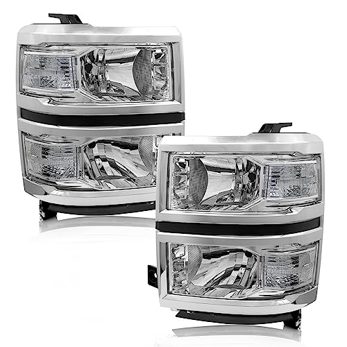 ADCARLIGHTS Headlight Assembly for 2014 2015 Chevy Silverado 1500 Chrome Housing with Clear Reflector Left and Right PairW/O Bulbs