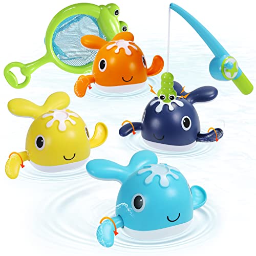 Image of Bath Toys Magnetic Fishing Games, Wind-up Swimming Whales Toddler Bath Toys, Bathtub Toys for Kids with Fishing Pole Net, Mold Free Shower Water Table Pool Toys, Ideal Christmas Birthday Gift