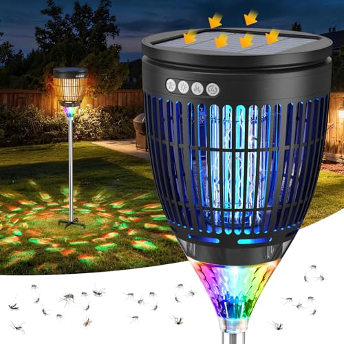 Solar Bug Zapper Outdoor Jinyeda 4200V Mosquito Zapper with RGB Projector & Flame Lights Cordless Mosquito Killer USB Rechargeable Fly Insect Trap Waterproof Lighting Decor for Patio Garden Yard