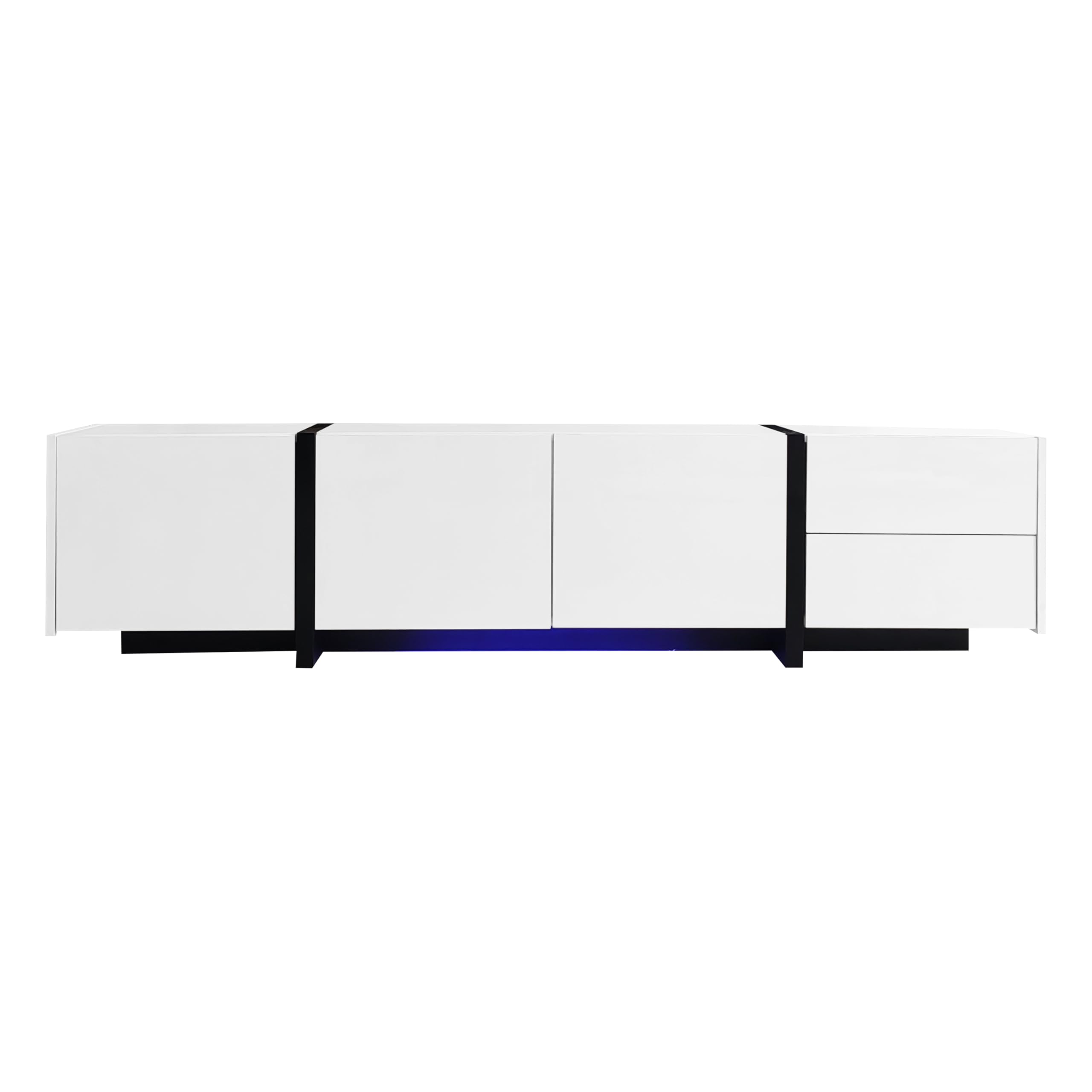 Mobile TV Lowboard, armadio bianco lucido con gambe del tavolo a contrasto nero, porte semplici e cassetti.