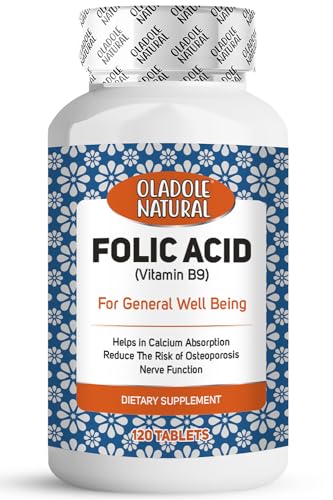 Oladole Natural Folic Acid (Vitamin B9) Supplement Folate 1000mcg 120 Tablets for General Well-being | Helps In Calcium Absorption Improves Nerves Function | Reduce Risk of Osteoporosis
