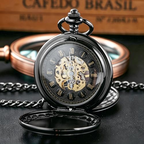 Image of Vintage Gold Double Sides Open Case Mechanical Men's Pocket Watch,Double Face Roman Dial Clock Hand Wind Pocket Watch for Men with FOB Chain