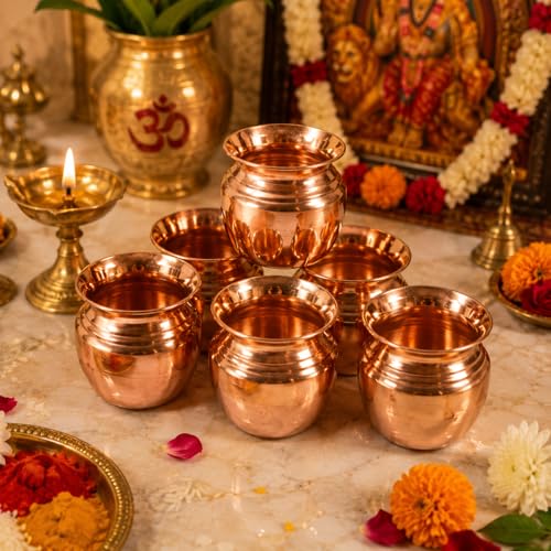 Image of Pure Copper Mini Lota Set of 6 for Pooja | Small Tamba Kalash, For Temple, Hawan & Daily Ritual Use, Traditional Copper Pot, For Home Decor & Gifting
