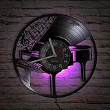 Smotly Reloj de pared de vinilo, reloj de pared tallado en piano con función de luz nocturna LED, reloj de pared regalo para músicos de piano.