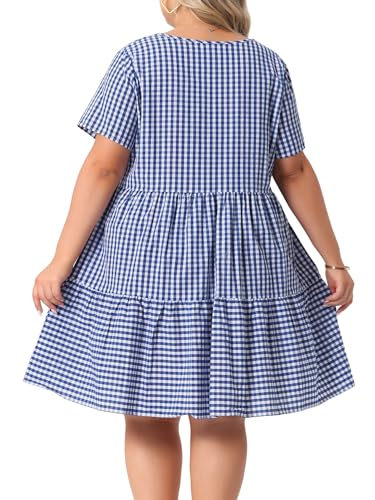Image of Agnes Orinda Plus Size Gingham Dresses 1950s Vintage Plaid Round Neck Short Sleeve Tiered Midi Summer Dress