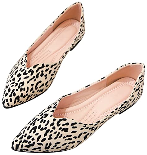 INEELUYI Leopard Print Flats Shoes for Women Pointed Toe Slip On Flat Ballet Shoes Dress Shoes