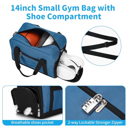 Image of Apenze Small Gym Bag 14 inch lightweight Carry On Mini Duffel Bag with Shoe Compartment for Travel Sport - Blue