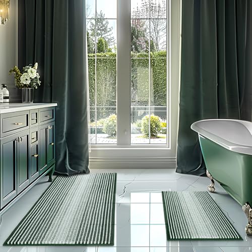 Bathroom Rugs and Mats Sets, 2 Piece Thick Absorbent Chenille Bath Mat Rug Set Non Slip, Soft Shaggy Bath Room Floor Mats for Bathroom, Machine Washable (Hunter Green, 20" x 60" Plus 20" x 32")