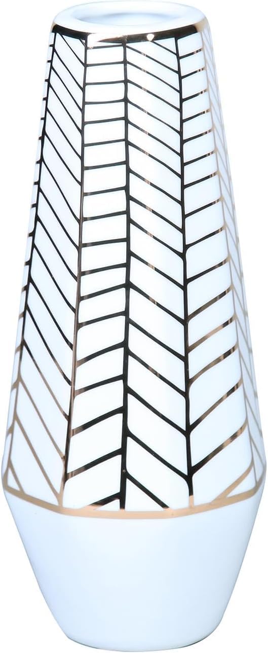 Vase Tabletop Geometric Ceramic White with Gold Accent Elegant