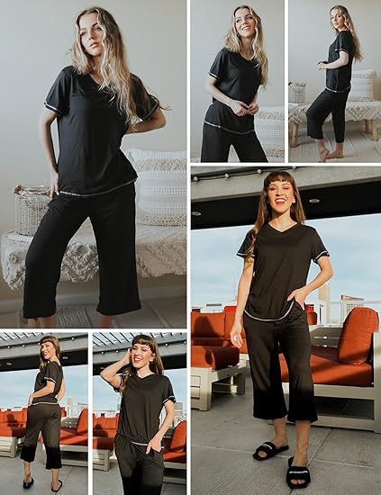 Image of Ekouaer 2 Pack Women's Capri Pajama Sets Short Sleeve Two-Piece Pjs V Neck Tops & Pants Printed Lounge Sets S-3XL