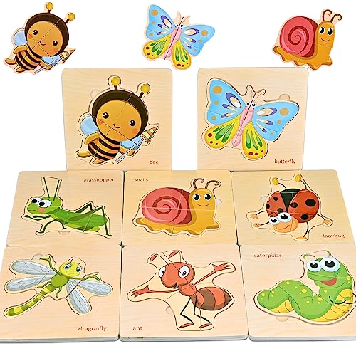 Image of Faburo Wooden Puzzles for Toddlers 1-3, 8pcs Shapes, Insect Animal Themed Montessori Toys for 1 Year Old Learning, Educational Preschool Toys for Boys Girls | Montessori Toys for 1 Year Old Learning, Educational Preschool Toys for Boys Girls