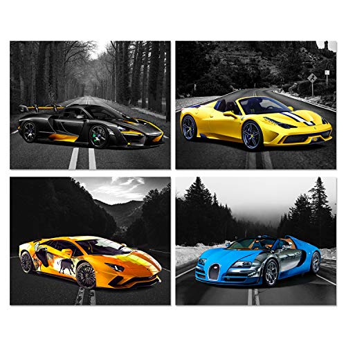 Car Posters - Lamborghini Aventador, Ferrari 458, Mclaren P1, Bugatti Veyron Sports Car Wall Art - Supercar Decor Set of 4 Unframed (8x10 inches) Exotic Supercars Pictures - Black & White