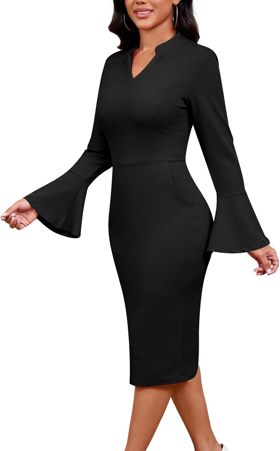 Church Dresses for Women Flare Sleeve V Neck Business Wear to Work Vintage Mid Pencil Formal Dress with Pocket - Image 2