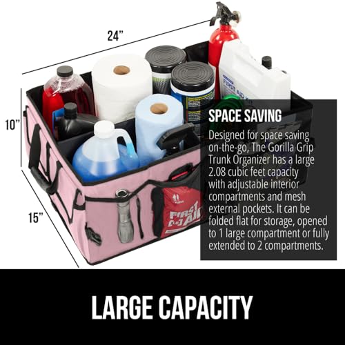 Image of GORILLA GRIP Trunk Organizer for SUV and Cars, Large Capacity, Pink | Heavy Duty Car Trunk Storage Organizer, Collapsible, SUV Accessories, Slip and Water Resistant, Multi Compartment Storage
