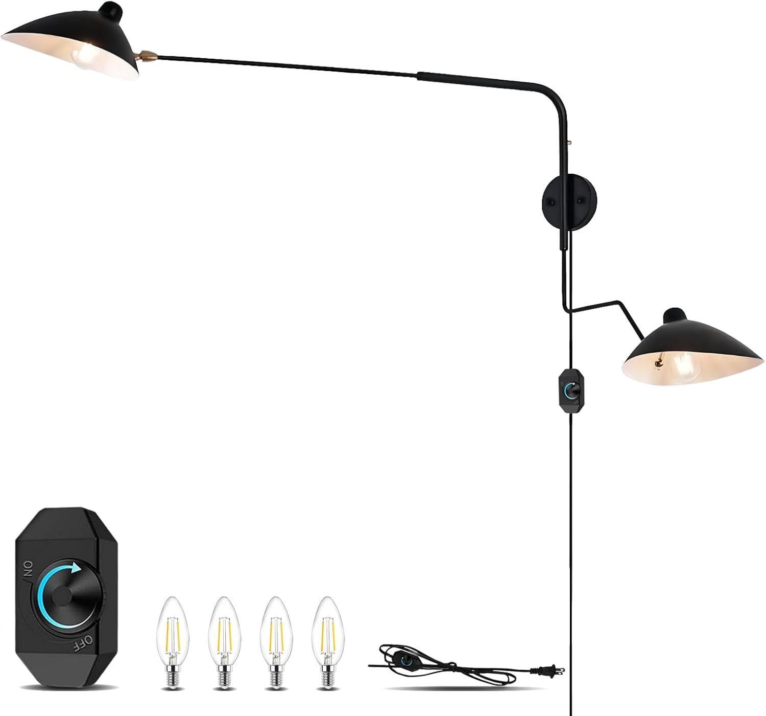 Rotating 2Arms Wall Sconces, 3000K Vintage Plug-in Wall Sconces, Dimmable Hardwired Wall Lamp or Wireless Sconces,Wall Arm Wall Plug in Sconces for Bedroom,Living Room,Home Office