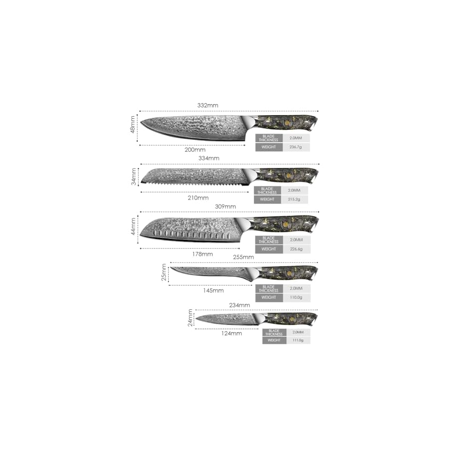 KEENZO Damascus knife set,Professional kitchen knives set 5 pcs,Sharp chef knife set.Hand forged 67-layers high carbon stainless steel knives set for Cooking.Ergonomic Full-Tang handle with gift box