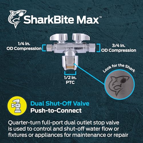 image for SharkBite Max Dual Shut Off Quarter-Turn Brass Ball Valve, 1/2 Inch Pu