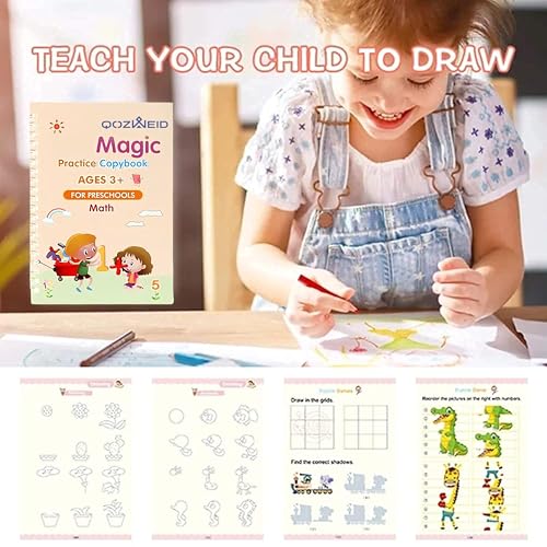 Image of QOZWEID Sank Magic Practice Copybook,(4 BOOKS+10 REFILL) Number Tracing Book for Preschoolers with Pen,Magic Calligraphy Copybook Set Practical Reusable Writing Tool (MATHS+DRAWING+ALPHABET+NUMBER)