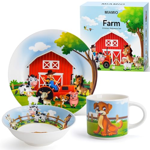 MIAMIO – Set of 3 Kids Dinnerware Set/Children Dishes, Kids Dish Set, Children’s Tableware Set - Includes Plate, Bowl and Cup – for Kids and Toddler (Farm)
